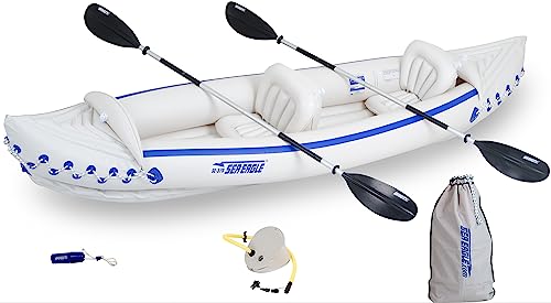 Sea Eagle SE370 3 Person Inflatable Portable Sports Kayak w/Seats, Paddles, Foot Pump and Carrybag
