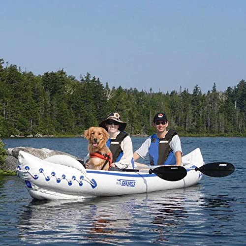 Sea Eagle Inflatable Water Sport Portable Tandem Kayak Canoe with Seats, Paddles, Air Pump, and Storage Bag for 3 People, Blue/White