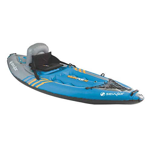 Sevylor QuickPak K1 1-Person Inflatable Kayak, Kayak Folds into Backpack with 5-Minute Setup, 21-Gauge PVC Construction; Hand Pump & Paddle Included