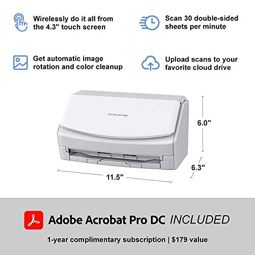Fujitsu ScanSnap iX1500 Deluxe Color Duplex Document Scanner with Adobe Acrobat Pro DC for Mac or PC, White