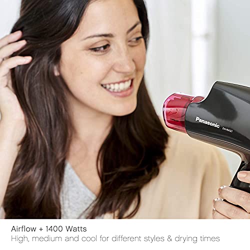 Panasonic nanoe Compact Hair Dryer for Healthy-Looking Hair, 1400W Portable Hair Dryer with Folding Handling and QuickDry Nozzle for Fast Drying – EH-NA27-K (Black/Pink)