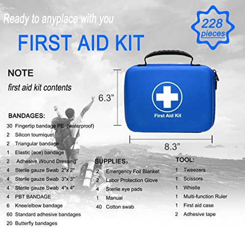 SHBC Waterproof First Aid Kit (228pcs) with All Basic or Advanced Supplies You Need. Suitable for Emergencies at Home or Outside, Travel, Home, Camping, Blue