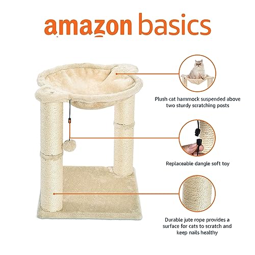 Amazon Basics Cat Tower with Hammock and Scratching Posts for Indoor Cats, 15.8 x 15.8 x 19.7 Inches, Beige