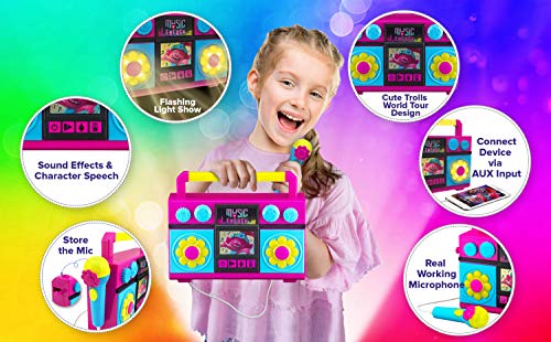 ekids Trolls World Tour Sing Along Boom Box Speaker with Microphone for Fans of Trolls Toys for Girls, Kids Karaoke Machine with Built in Music and Flashing Lights