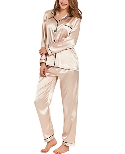 SWOMOG Womens Silk Satin Pajamas Long Sleeve Loungewear Two-Piece Sleepwear Button-Down Pj Set Champagne
