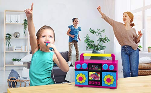 ekids Trolls World Tour Sing Along Boom Box Speaker with Microphone for Fans of Trolls Toys for Girls, Kids Karaoke Machine with Built in Music and Flashing Lights