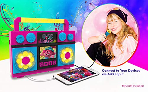 ekids Trolls World Tour Sing Along Boom Box Speaker with Microphone for Fans of Trolls Toys for Girls, Kids Karaoke Machine with Built in Music and Flashing Lights