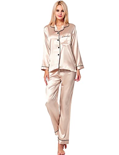 SWOMOG Womens Silk Satin Pajamas Long Sleeve Loungewear Two-Piece Sleepwear Button-Down Pj Set Champagne