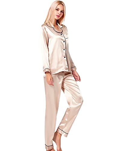 SWOMOG Womens Silk Satin Pajamas Long Sleeve Loungewear Two-Piece Sleepwear Button-Down Pj Set Champagne