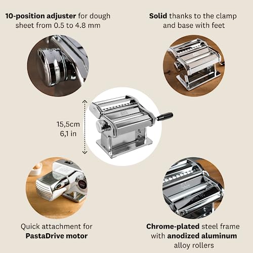 MARCATO Atlas 150 Pasta Machine, Made in Italy, Includes Cutter, Hand Crank, and Instructions, 150 mm, Stainless Steel