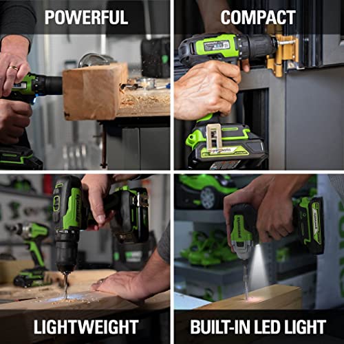 Greenworks 24V Brushless Drill / Impact Driver Combo Kit, (2) 1.5Ah USB (Power Bank) Batteries and Charger Included LED Light, 2pcs Driving Bits with Tool Bag