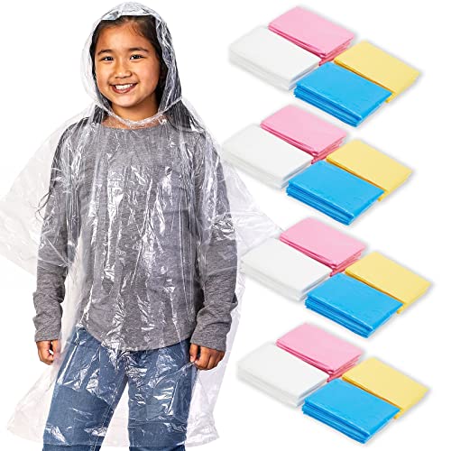 BLUE PANDA Juvale 20-Pack Disposable Rain Ponchos for Kids - Emergency Plastic Raincoats with Hood for Boys and Girls (4 Colors, Clear)