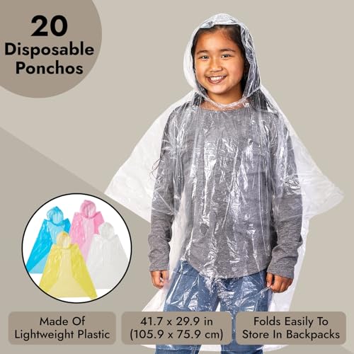 BLUE PANDA Juvale 20-Pack Disposable Rain Ponchos for Kids - Emergency Plastic Raincoats with Hood for Boys and Girls (4 Colors, Clear)