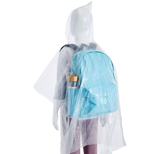 BLUE PANDA Juvale 20-Pack Disposable Rain Ponchos for Kids - Emergency Plastic Raincoats with Hood for Boys and Girls (4 Colors, Clear)