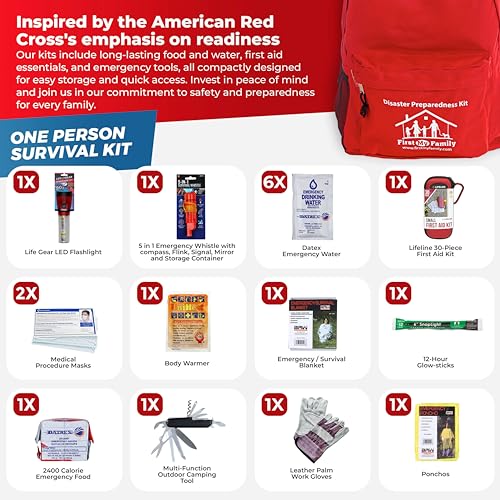 First My Family All-in-One Premium Disaster Preparedness Survival Kit - 72 Hour Emergency Supplies, Hurricane, Earthquake, Survival Gear, Military Grade, Emergency Backpack