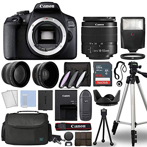 Canon EOS 2000D / Rebel T7 Digital SLR Camera Body w/Canon EF-S 18-55mm f/3.5-5.6 Lens 3 Lens DSLR Kit Bundled with Complete Accessory Bundle + 64GB + Flash + Case & More - International Model