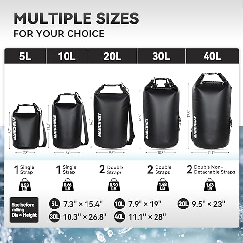 MARCHWAY Floating Waterproof Dry Bag Backpack 5L/10L/20L/30L/40L, Roll Top Sack Keeps Gear Dry for Kayaking, Rafting, Boating, Swimming, Camping, Hiking, Beach, Fishing (Black, 5L)