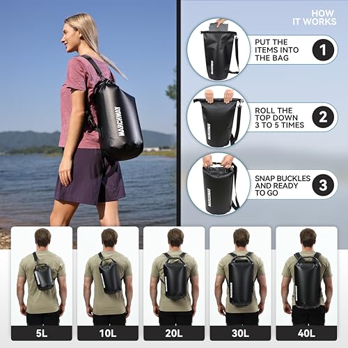 MARCHWAY Floating Waterproof Dry Bag Backpack 5L/10L/20L/30L/40L, Roll Top Sack Keeps Gear Dry for Kayaking, Rafting, Boating, Swimming, Camping, Hiking, Beach, Fishing (Black, 5L)