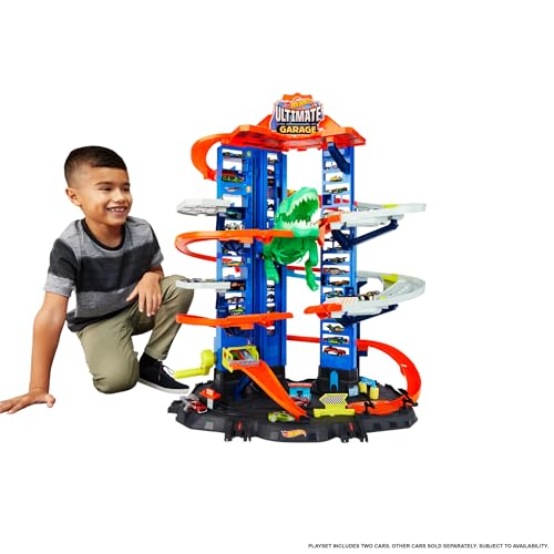 Hot Wheels Toy Car Track Set City Ultimate Garage Moving T-Rex Dinosaur, 100+ 1:64 Scale Vehicle Storage, 3-Ft Tall, 2 Toy Cars