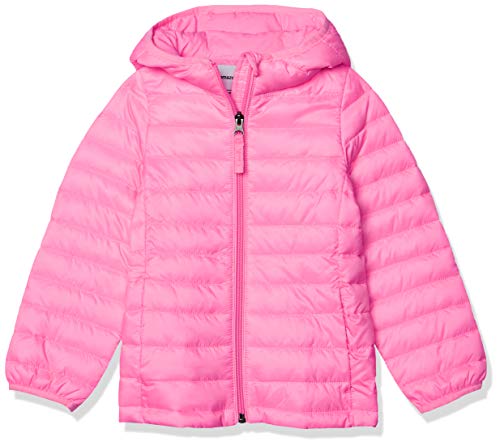 Amazon Essentials Girls' Lightweight Water-Resistant Packable Hooded Puffer Jacket, Neon Pink, Small