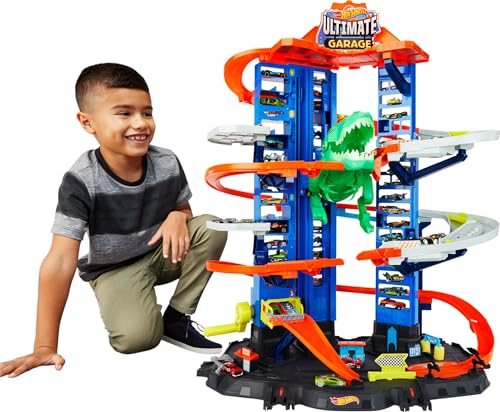 Hot Wheels Toy Car Track Set City Ultimate Garage Moving T-Rex Dinosaur, 100+ 1:64 Scale Vehicle Storage, 3-Ft Tall, 2 Toy Cars