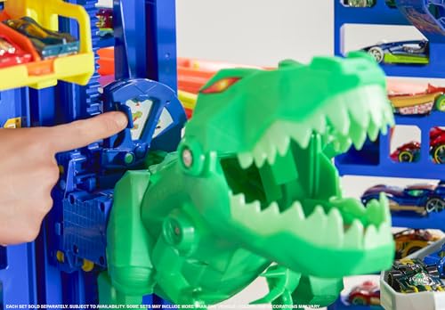 Hot Wheels Toy Car Track Set City Ultimate Garage Moving T-Rex Dinosaur, 100+ 1:64 Scale Vehicle Storage, 3-Ft Tall, 2 Toy Cars