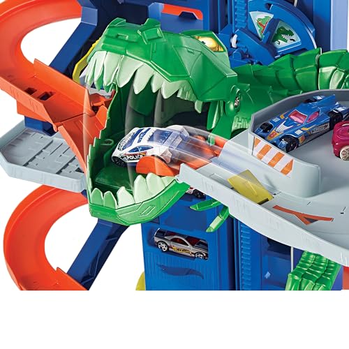 Hot Wheels Toy Car Track Set City Ultimate Garage Moving T-Rex Dinosaur, 100+ 1:64 Scale Vehicle Storage, 3-Ft Tall, 2 Toy Cars