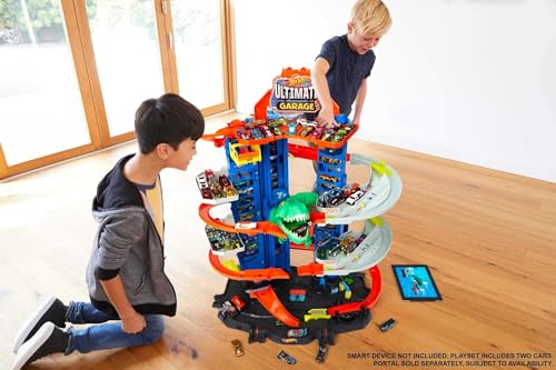 Hot Wheels Toy Car Track Set City Ultimate Garage Moving T-Rex Dinosaur, 100+ 1:64 Scale Vehicle Storage, 3-Ft Tall, 2 Toy Cars