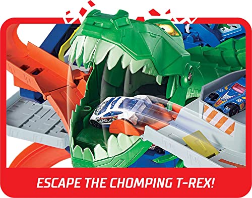 Hot Wheels Toy Car Track Set City Ultimate Garage Moving T-Rex Dinosaur, 100+ 1:64 Scale Vehicle Storage, 3-Ft Tall, 2 Toy Cars