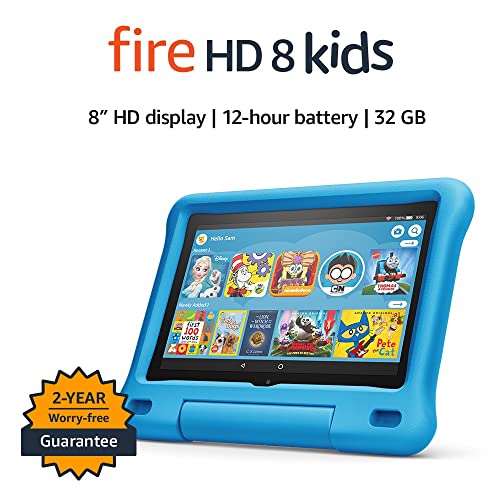Fire HD 8 Kids tablet, 8" HD display, ages 3-7, 32 GB, includes a 1-year subscription to Amazon Kids+ content, Blue Kid-Proof Case, (2020 release)