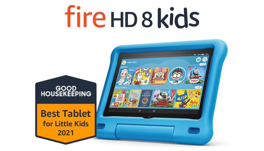 Fire HD 8 Kids tablet, 8" HD display, ages 3-7, 32 GB, includes a 1-year subscription to Amazon Kids+ content, Blue Kid-Proof Case, (2020 release)