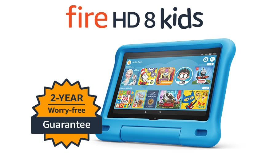 Fire HD 8 Kids tablet, 8" HD display, ages 3-7, 32 GB, includes a 1-year subscription to Amazon Kids+ content, Blue Kid-Proof Case, (2020 release)