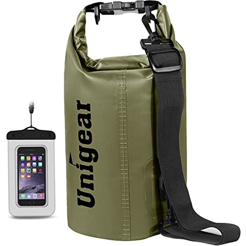 Unigear Dry Bag Waterproof, Floating and Lightweight Bags for Kayaking, Boating, Fishing, Swimming and Camping with Waterproof Phone Case (Army Green, 2L)