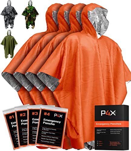 Emergency Blankets & Rain Poncho Hybrid Survival Gear and Equipment â Tough, Waterproof Camping Gear Outdoor Blanket â Retains 90% of Heat + Reflective Side for Increased Visibility â 4 Pack (Orange)