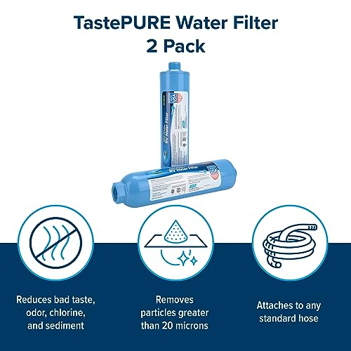 Camco TastePURE RV Inline Water Filter | Reduces Bad Taste, Odors, Chlorine, and Sediment in Drinking Water | 2-Pack (40045)