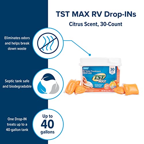 Camco TST MAX RV Toilet Treatment Drop-INs | Control Unwanted Odors and Break Down Waste and Tissue | Septic Tank Safe | Orange Scent | 30 Count - pack of 1 (41183)