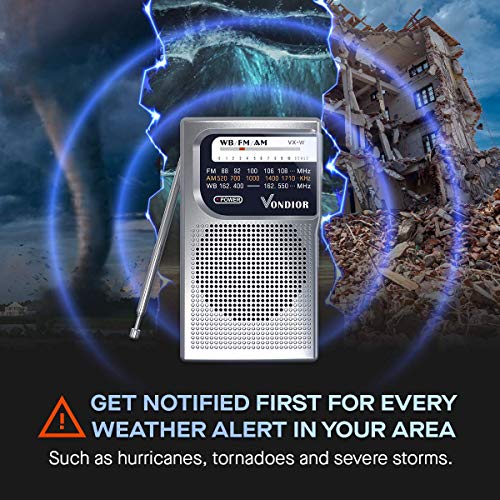 NOAA Weather Radio - Emergency NOAA/AM/FM Battery Operated Portable Radio with Best Reception and Longest Lasting Transistor. Powered by 2 AA Battery with Mono Headphone Socket, by Vondior (Silver)