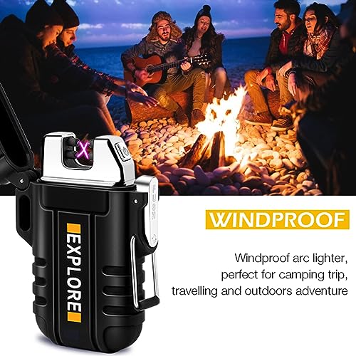 Waterproof Lighter Outdoor Windproof Lighter Dual Arc Lighter Electric Lighters USB Rechargeable-Flameless-Plasma Cool Lighters for Camping,Hiking,Adventure,Survival Tactical Gear (Black)