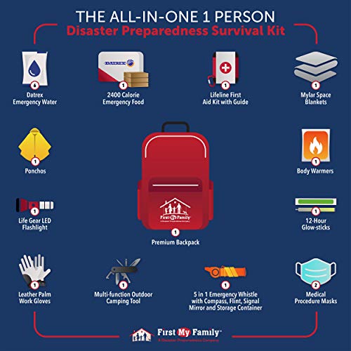First My Family All-in-One 1 Person, 72 Hour Emergency Survival Kit for Fires, Earthquakes, Hurricanes, Floods, Tsunami and Other Disasters - Premium Blue OR Red Backpack