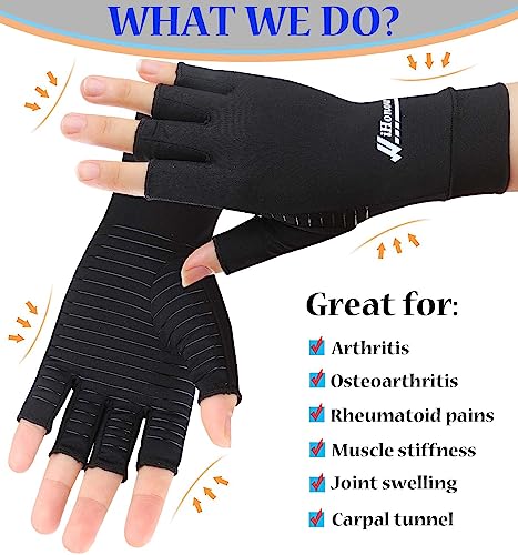 2 Pairs Copper Arthritis Gloves - Compression Gloves, Fingerless Copper Gloves for Typing & Daily Work - for Men&Women Black