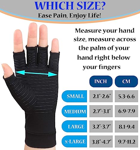 2 Pairs Copper Arthritis Gloves - Compression Gloves, Fingerless Copper Gloves for Typing & Daily Work - for Men&Women Black