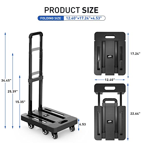 SPACEKEEPER Folding Hand Truck, 500 LB Heavy Duty Luggage Cart, Utility Dolly Platform Cart with 6 Wheels & 2 Elastic Ropes for Luggage, Travel, Moving, Shopping, Office Use, Black
