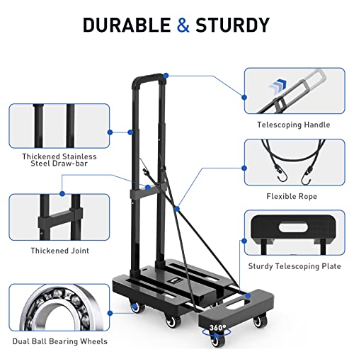SPACEKEEPER Folding Hand Truck, 500 LB Heavy Duty Luggage Cart, Utility Dolly Platform Cart with 6 Wheels & 2 Elastic Ropes for Luggage, Travel, Moving, Shopping, Office Use, Black
