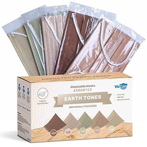 WECARE Disposable Face Mask Individually Wrapped - 50 Pack, Assorted Earth Tone Print Masks - 3 Ply
