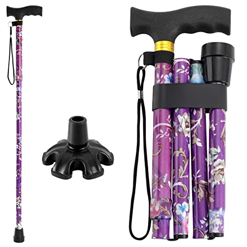 Walking Cane PANZHENG Cane for Man/Woman | Mobility & Daily Living Aids | 5-Level Height Adjustable Walking Stick | Comfortable Plastic T-Handle Portable Walking Stick Folding Cane | Purple Print