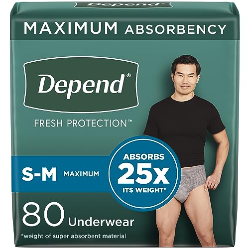 Depend Fit-Flex Adult Incontinence Underwear Men, Maximum Absorbency, Small/Medium, Grey, 80 Count