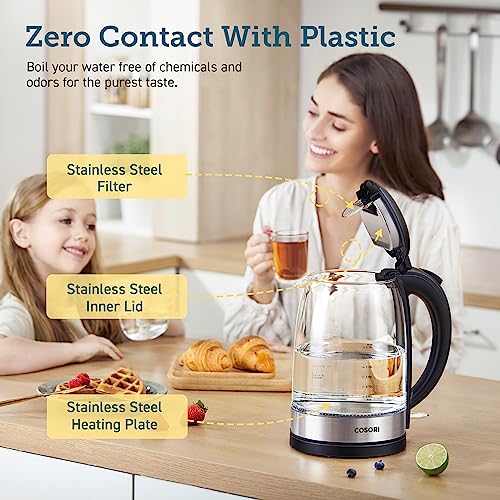 COSORI Electric Kettle with Stainless Steel Filter and Inner Lid, 1500W Wide Opening 1.7L Glass Tea Kettle & Hot Water Boiler, LED Indicator Auto Shut-Off & Boil-Dry Protection, BPA Free, Matte Black