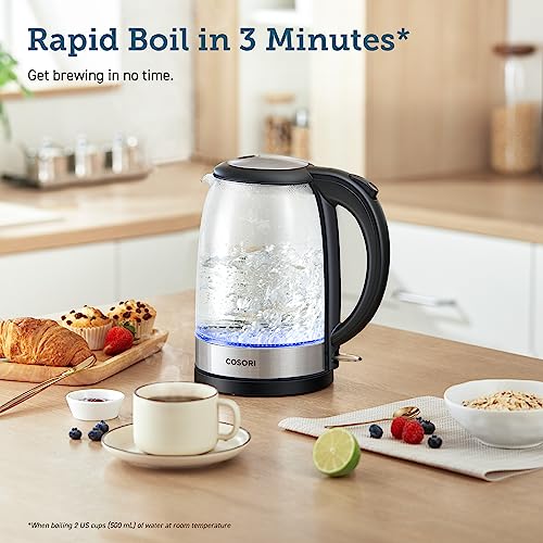 COSORI Electric Kettle with Stainless Steel Filter and Inner Lid, 1500W Wide Opening 1.7L Glass Tea Kettle & Hot Water Boiler, LED Indicator Auto Shut-Off & Boil-Dry Protection, BPA Free, Matte Black