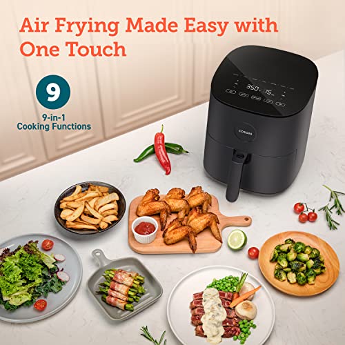 COSORI Air Fryer, 5 QT, 9-in-1 Airfryer Compact Oilless Small Oven, Dishwasher-Safe, 450â freidora de aire, 30 Exclusive Recipes, Tempered Glass Display, Nonstick Basket, Quiet, Fit for 2-4 People