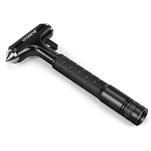 OUDEW Car Escape Tool, Window Breaker, Car Safety Hammer with Lighting Function, Metal Emergecy Escape Hammer with Seat Belt Cutter (Black)